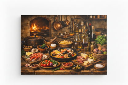 Mediterranean still life kitchen canvas print close-up flat lay on white background with paella, seafood, olive oil and copper pots - Portugal Canvas Co