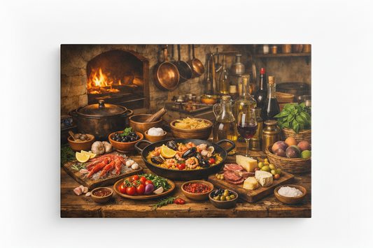 Mediterranean still life kitchen canvas print close-up flat lay on white background with paella, seafood, olive oil and copper pots - Portugal Canvas Co