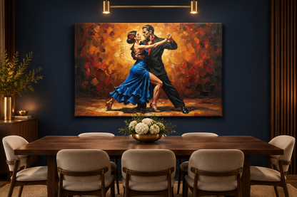Blue dress tango couple canvas displayed in a sophisticated dining room - Portugal Canvas Co