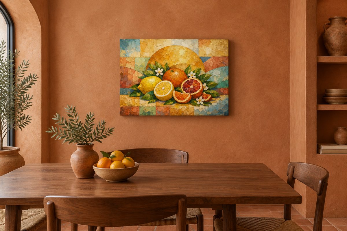Citrus fruit still life gallery-wrapped canvas above walnut table in a terracotta Tuscan dining room - Portugal Canvas Co