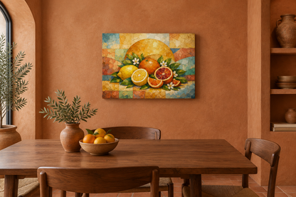 Citrus fruit still life gallery-wrapped canvas above walnut table in a terracotta Tuscan dining room - Portugal Canvas Co