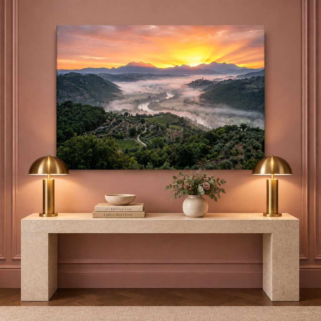 Golden valley sunrise landscape canvas above a stone console in a dusty rose entryway - Portugal Canvas Co