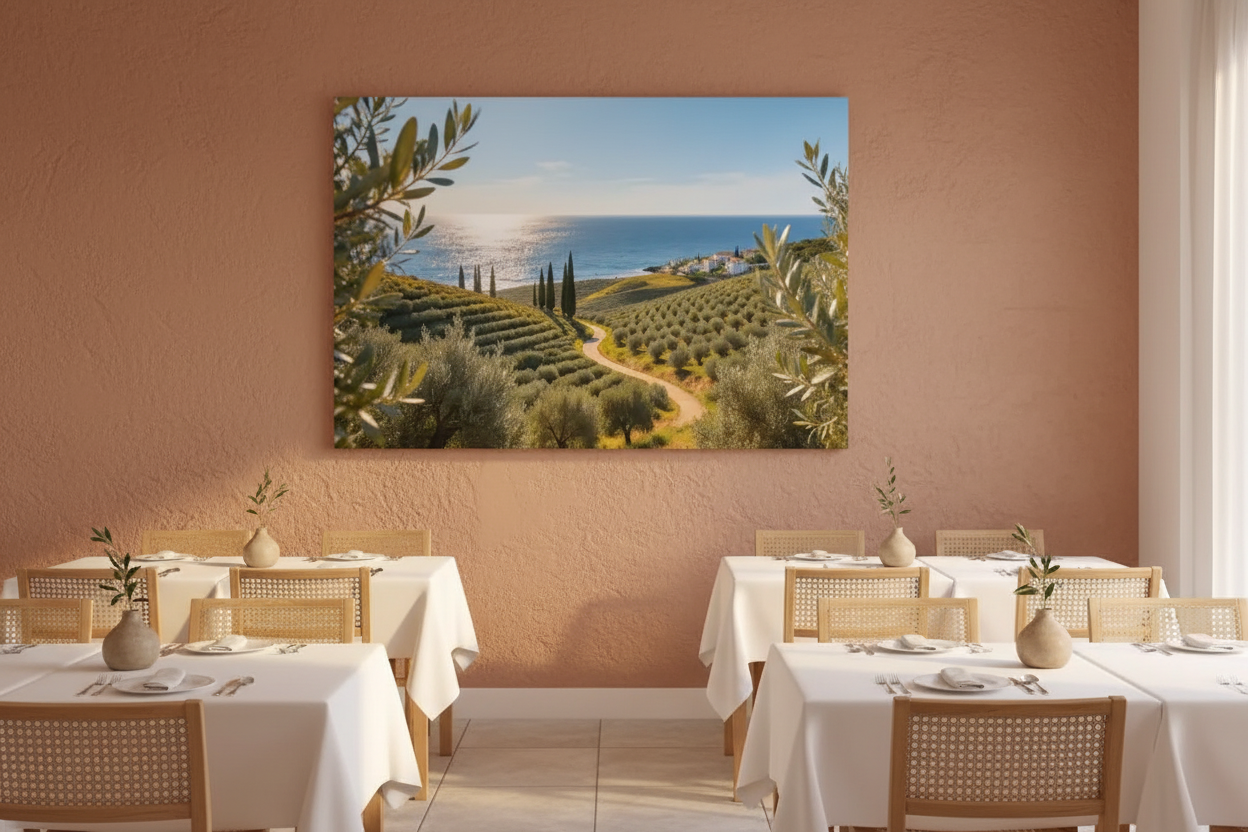Mediterranean olive grove coastal landscape canvas wall art displayed on a terracotta wall in a bright Mediterranean restaurant with rattan chairs - Portugal Canvas Co