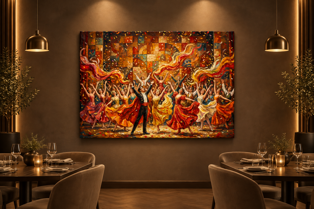 Colourful dance celebration canvas displayed in an elegant contemporary restaurant - Portugal Canvas Co