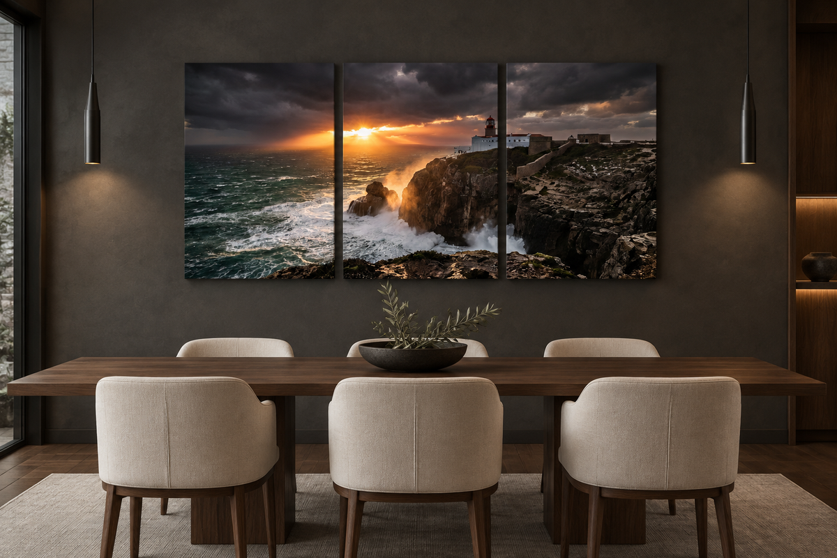 Lighthouse storm sunset three-panel canvas in a charcoal dining room with walnut table - Portugal Canvas Co