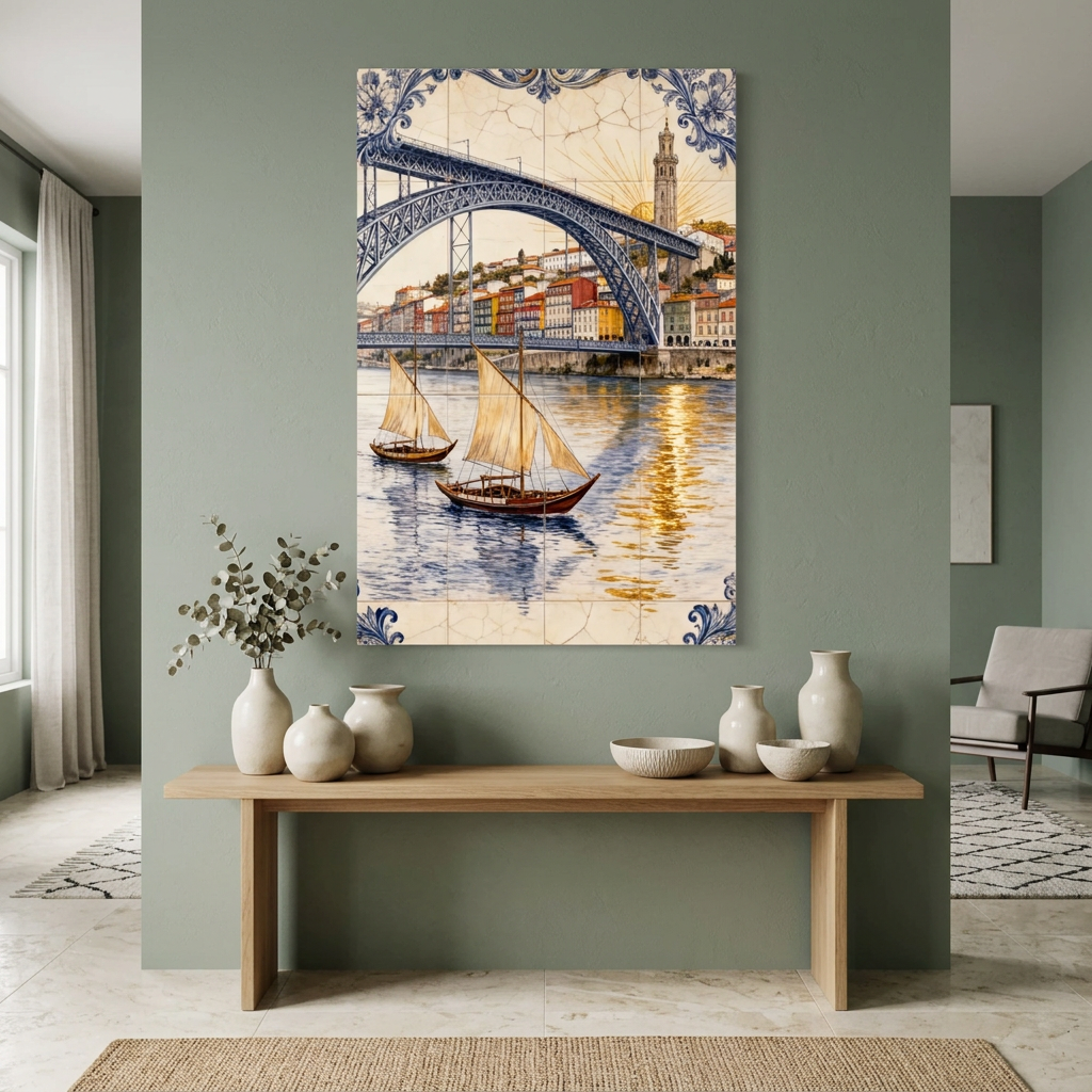Porto bridge and sailboats azulejo-style canvas in a sage green room - Portugal Canvas Co