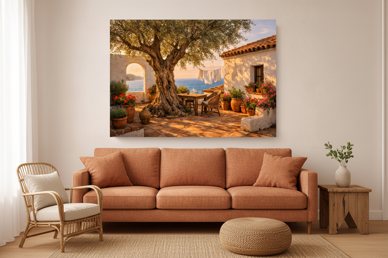 Mediterranean courtyard olive tree canvas print displayed in a warm coastal living room interior - Portugal Canvas Co