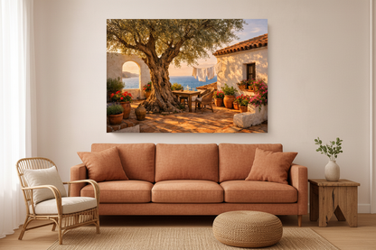 Mediterranean courtyard olive tree canvas print displayed in a warm coastal living room interior - Portugal Canvas Co