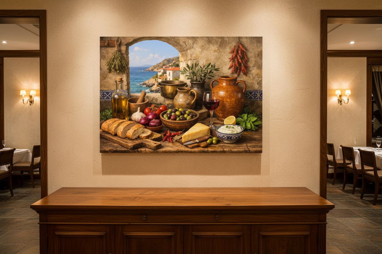 Mediterranean kitchen still life canvas wall art displayed in an upscale restaurant - Portugal Canvas Co