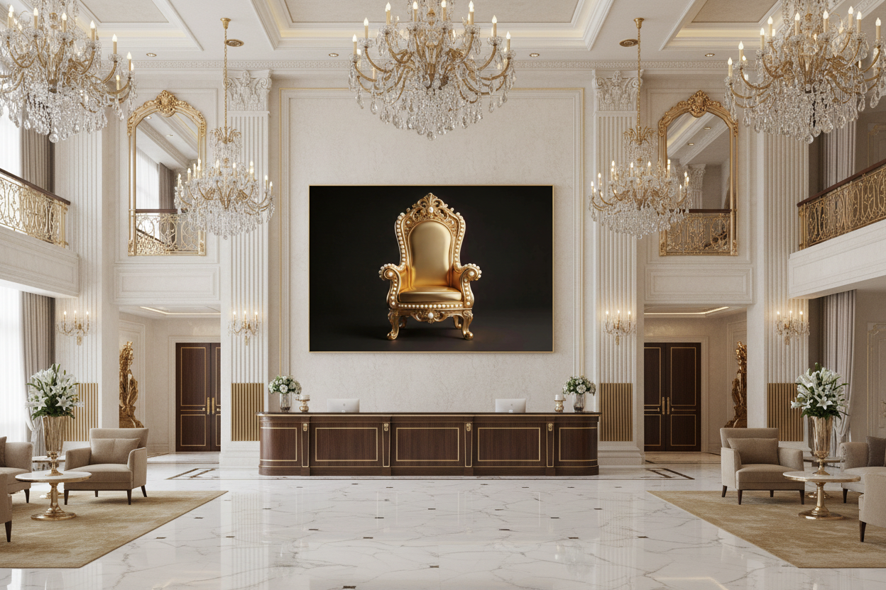 Luxury Golden Royal Throne Chair canvas wall art displayed on the feature wall of a grand luxury hotel reception lobby with marble floors and crystal chandeliers - Portugal Canvas Co