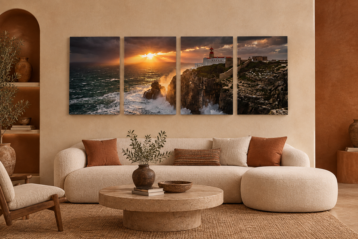 Cabo de São Vicente lighthouse four-panel canvas above a cream sofa in a sand and terracotta living room - Portugal Canvas Co