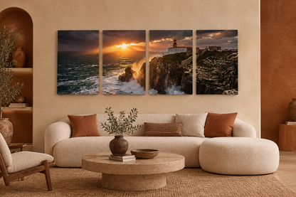 Cabo de São Vicente lighthouse four-panel canvas above a cream sofa in a sand and terracotta living room - Portugal Canvas Co