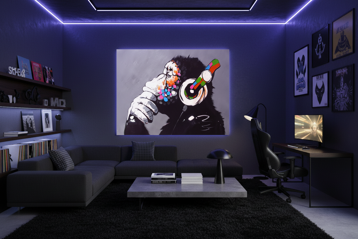 Graffiti street art DJ monkey canvas wall art displayed on the wall of a cool urban music studio with neon accent lighting and vinyl records - Portugal Canvas Co