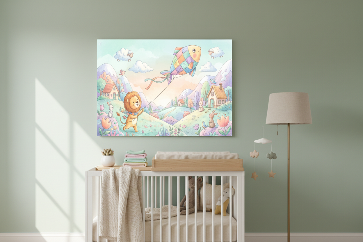 Whimsical lion flying kite nursery canvas wall art on sage green wall above a wooden changing table with pastel blankets - Portugal Canvas Co