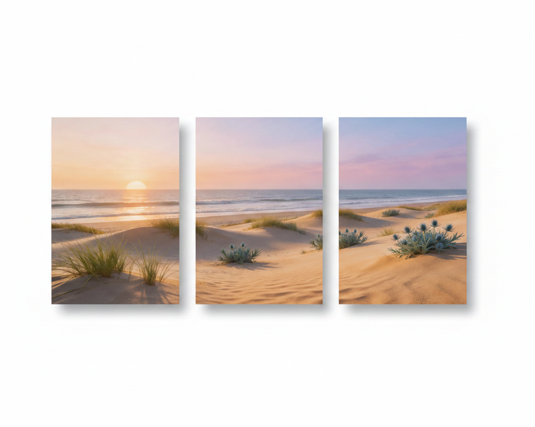 Portuguese beach sunset sand dunes and sea thistle 3-panel triptych canvas set on white background - Portugal Canvas Co