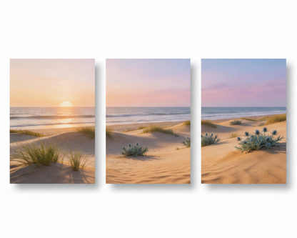 Portuguese beach sunset sand dunes and sea thistle 3-panel triptych canvas set on white background - Portugal Canvas Co