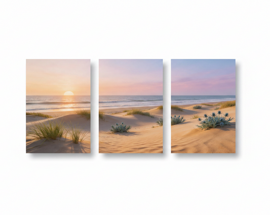 Portuguese beach sunset sand dunes and sea thistle 3-panel triptych canvas set on white background - Portugal Canvas Co