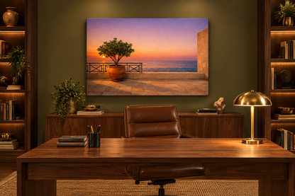 Mediterranean terrace at sunset canvas print in an olive office with walnut furniture - Portugal Canvas Co