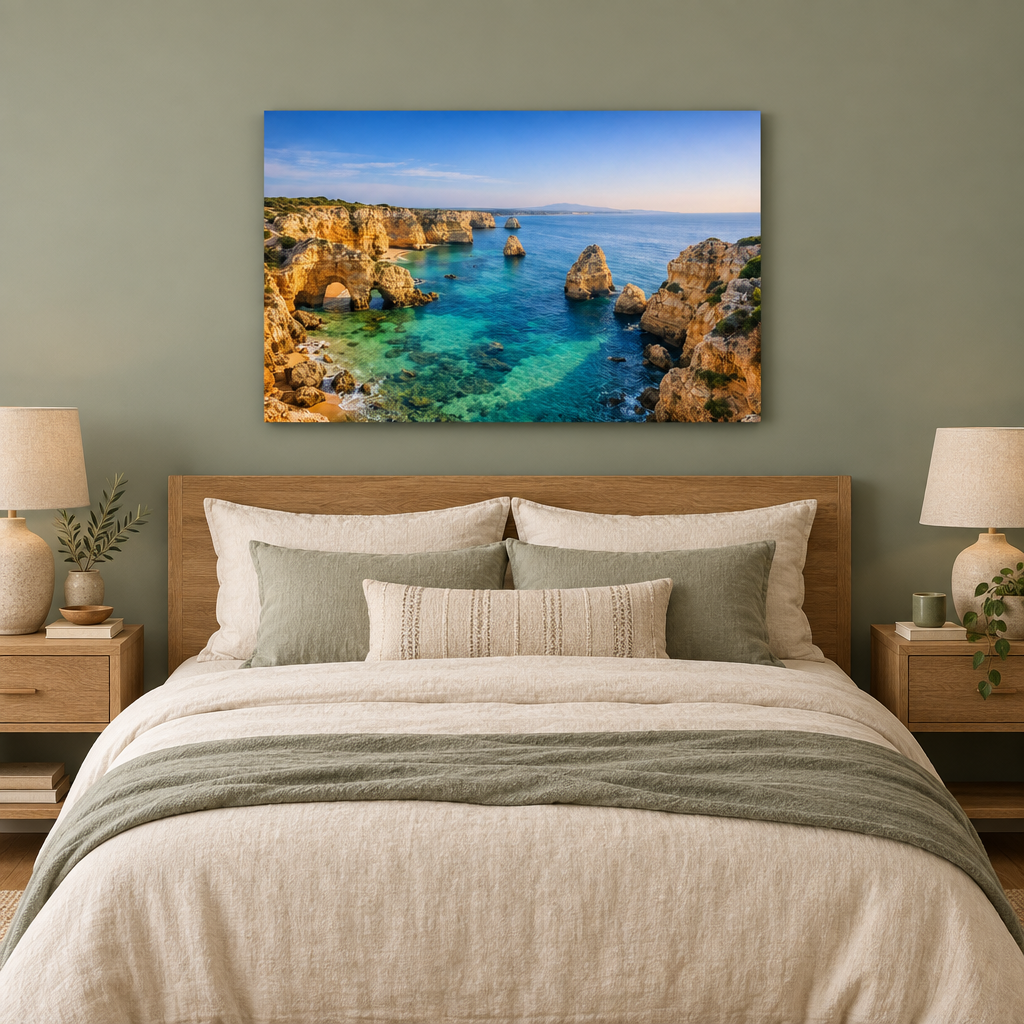 Golden coastal cliffs and turquoise sea landscape canvas wall art in a sage green bedroom - Portugal Canvas Co
