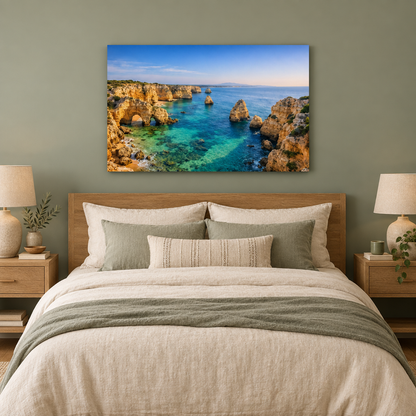 Golden coastal cliffs and turquoise sea landscape canvas wall art in a sage green bedroom - Portugal Canvas Co