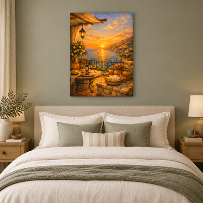 Mediterranean sunset terrace canvas above an ivory bed in a sage bedroom - Portugal Canvas Co