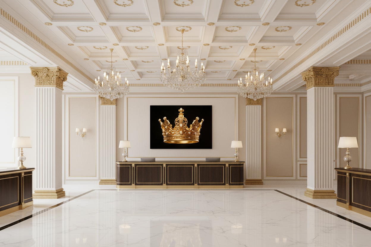 Ornate golden royal crown with pearl embellishments canvas wall art displayed on the feature wall of a grand luxury hotel reception lobby with marble floors and crystal chandeliers - Portugal Canvas Co