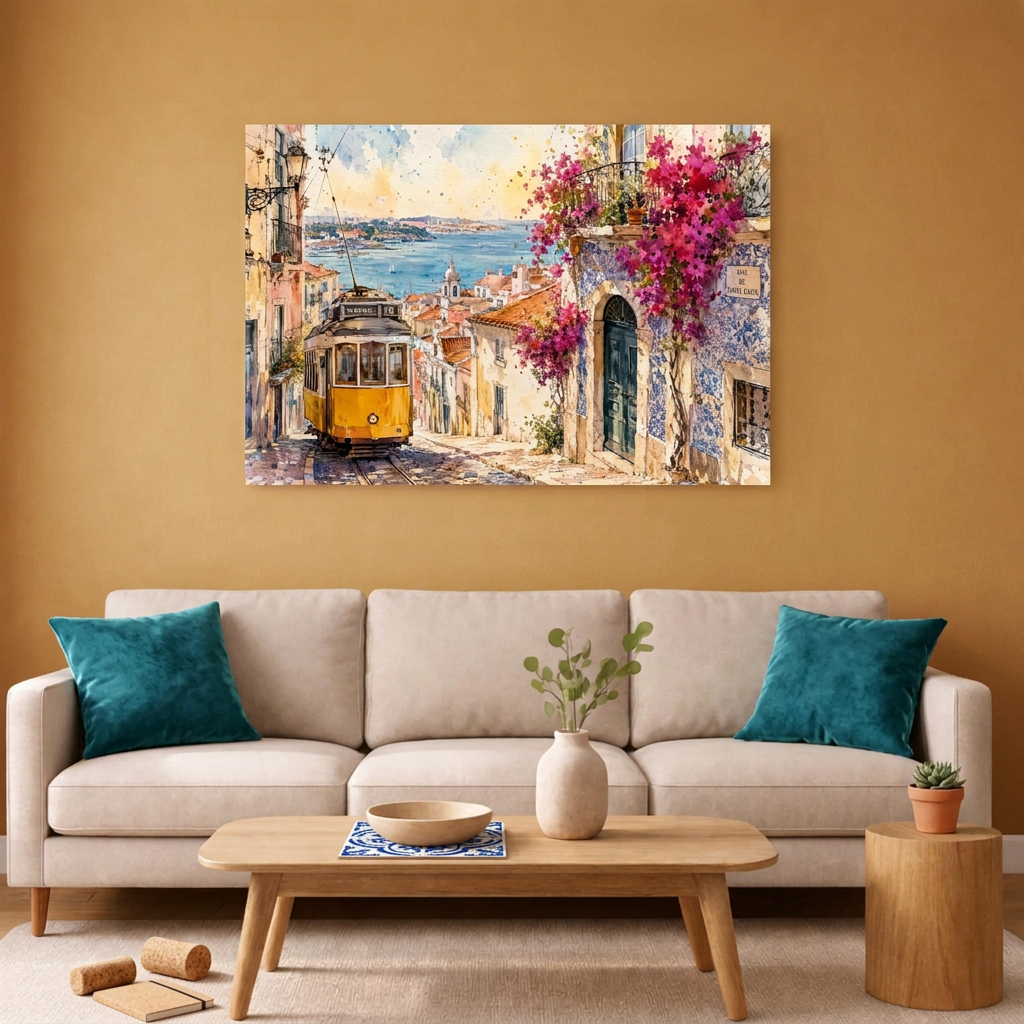 Lisbon yellow tram watercolour canvas in an ochre living room with teal cushions - Portugal Canvas Co
