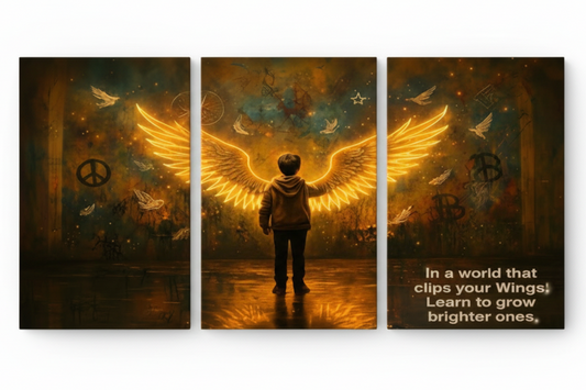 Inspirational golden angel wings triptych canvas wall art set flat lay on white background - Portugal Canvas Co