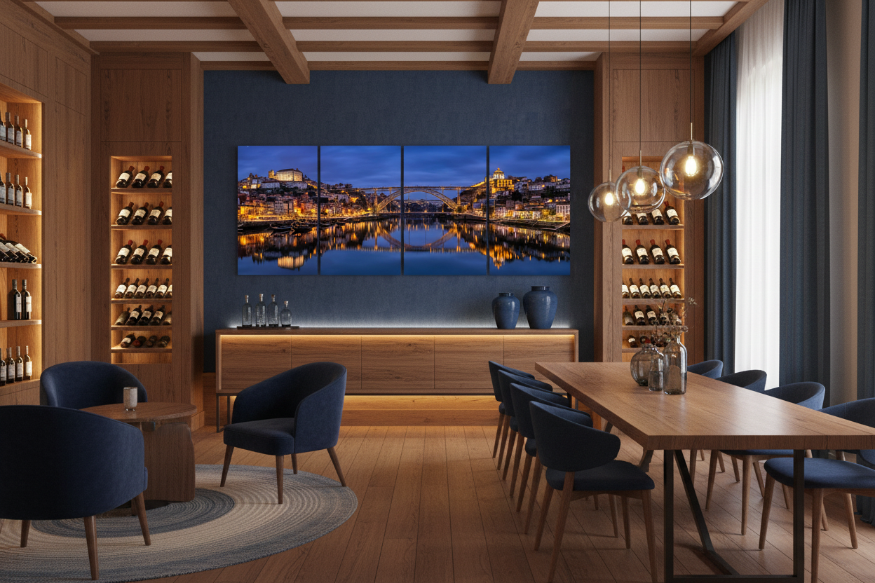 Porto Dom Luís I Bridge at night four-panel canvas wall art in a hotel restaurant lounge - Portugal Canvas Co