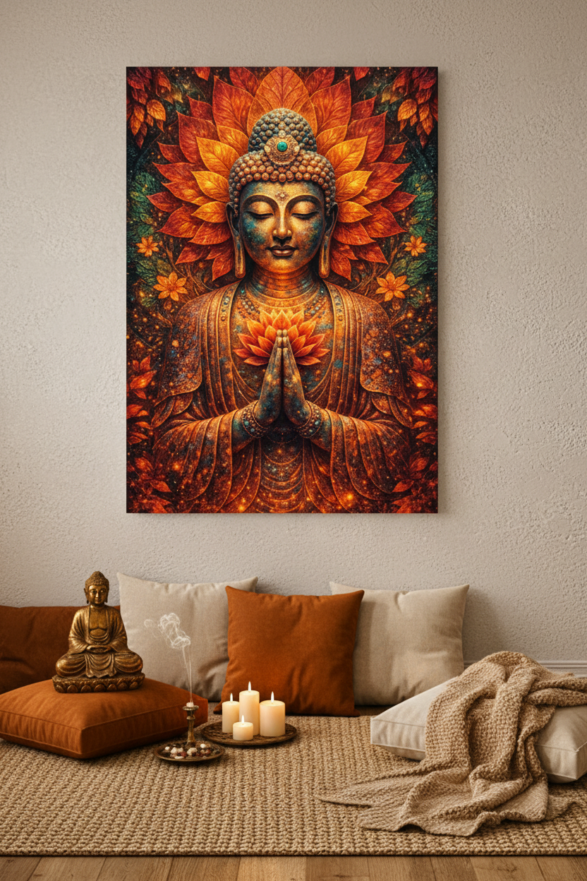 Golden serenity Buddha radiant lotus meditation canvas wall art in a minimalist meditation corner with floor cushions and golden candlelight - Portugal Canvas Co