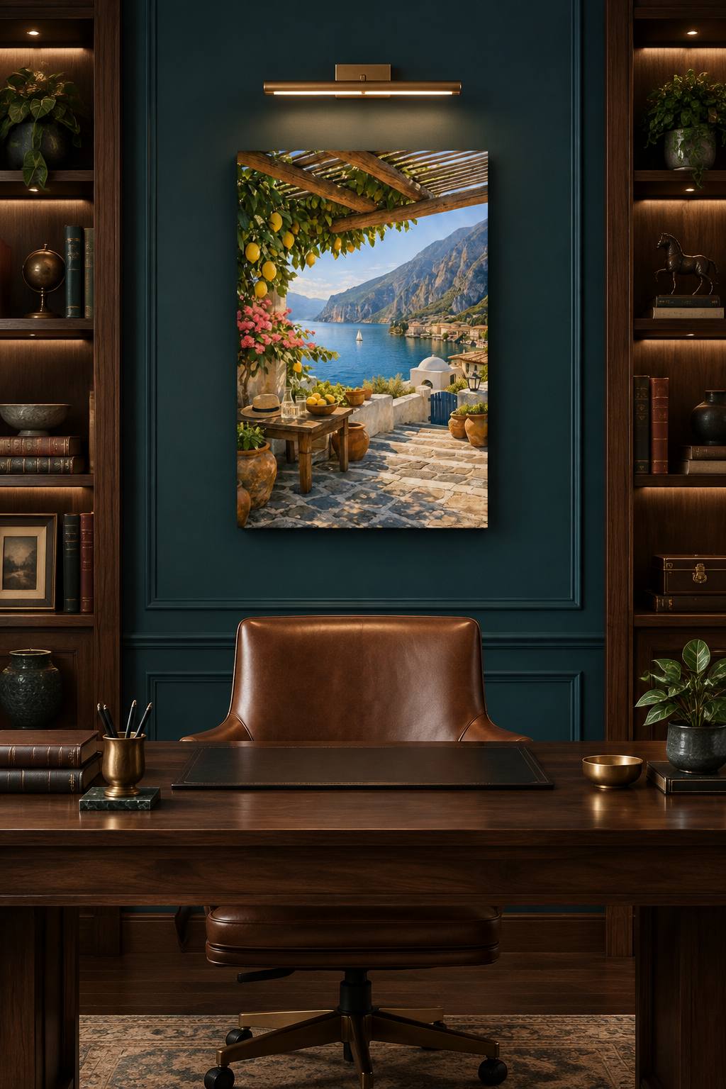 Lemon pergola terrace canvas above a desk in a deep teal and walnut study - Portugal Canvas Co