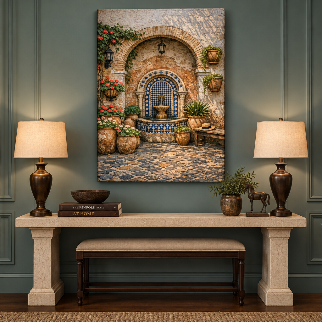 Mediterranean tiled courtyard fountain portrait canvas above a stone console in a teal entryway - Portugal Canvas Co