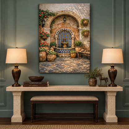 Mediterranean tiled courtyard fountain portrait canvas above a stone console in a teal entryway - Portugal Canvas Co