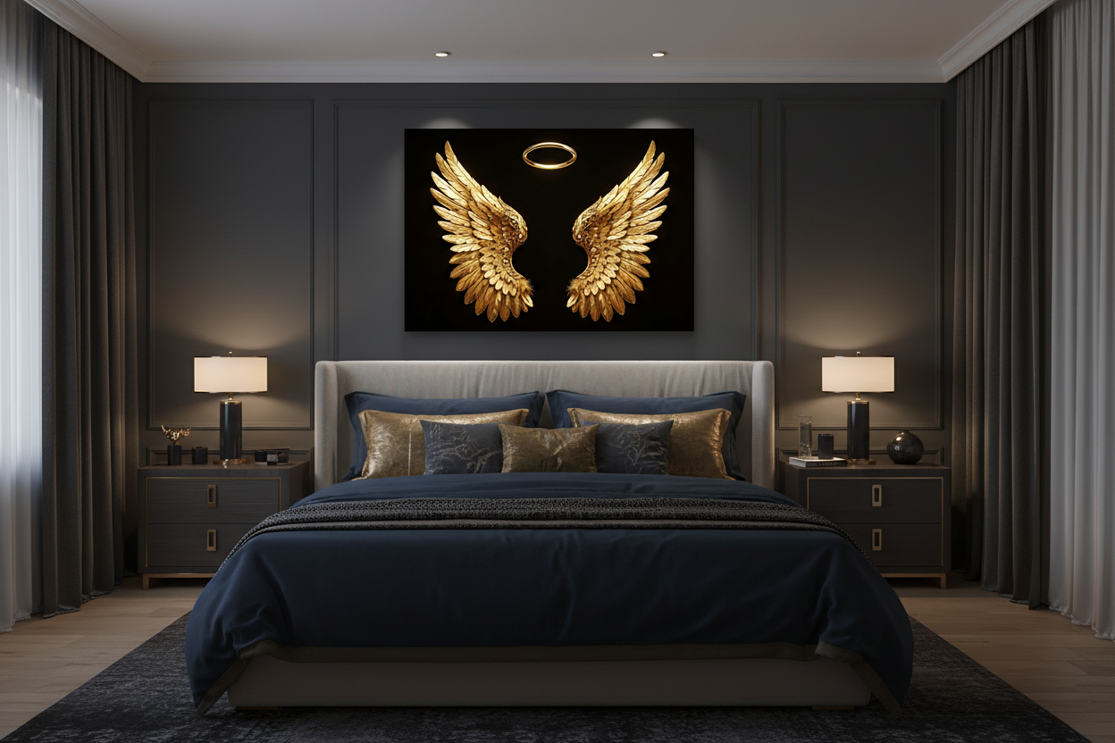 Golden angel wings with glowing halo canvas wall art displayed above the bed in a luxurious dark bedroom with charcoal walls and gold accent pillows - Portugal Canvas Co