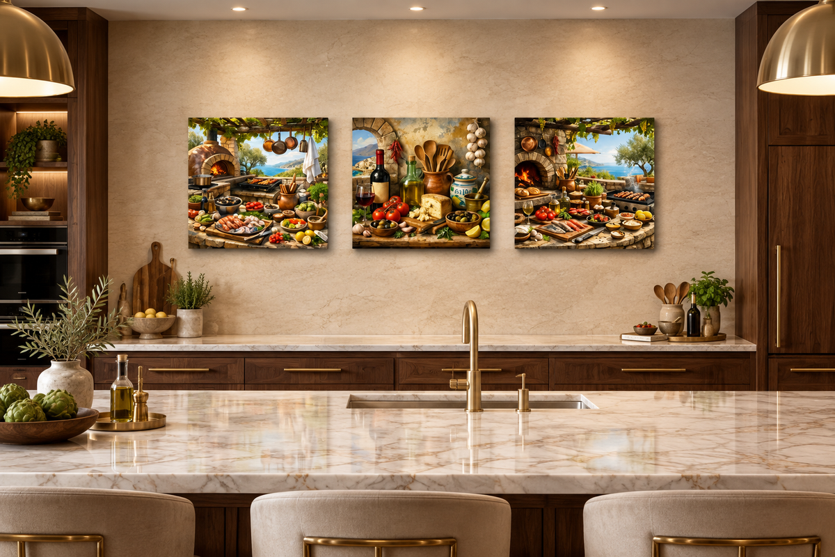 Mediterranean cooking three-square-panel canvas set displayed in a luxury walnut and marble chef kitchen - Portugal Canvas Co