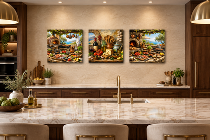 Mediterranean cooking three-square-panel canvas set displayed in a luxury walnut and marble chef kitchen - Portugal Canvas Co