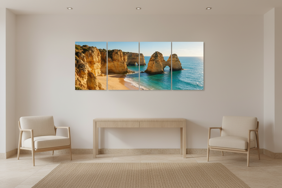 Four-panel Albufeira beach canvas wall art in a light boutique hotel lobby with even indoor lighting - Portugal Canvas Co