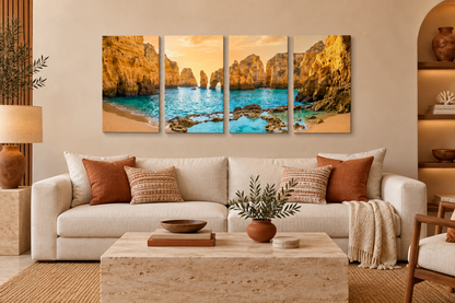 Four-panel Ponta da Piedade turquoise cove canvas in an ivory and terracotta resort living room - Portugal Canvas Co
