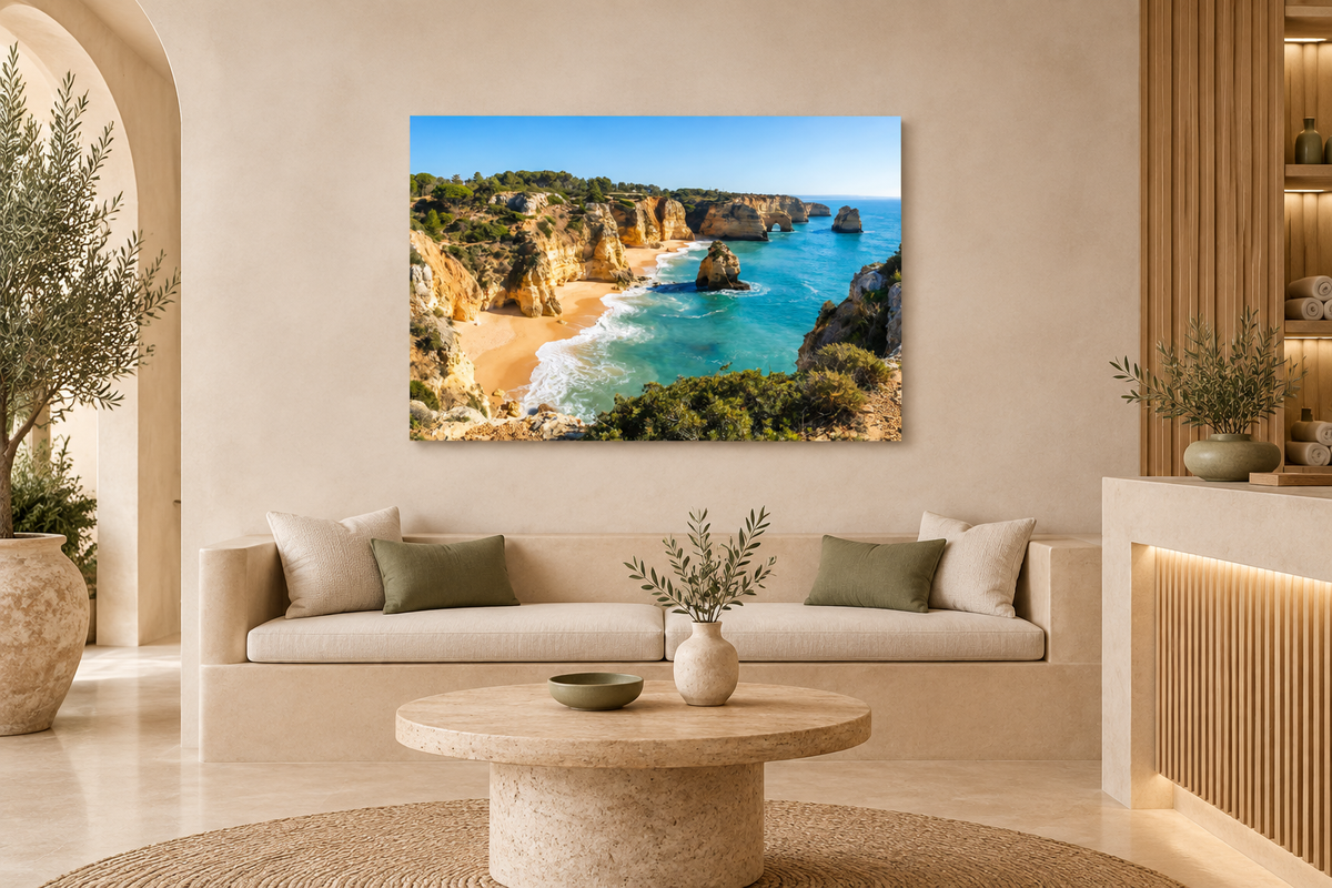 Algarve golden cliffs and turquoise sea canvas above linen seating in a wellness spa reception - Portugal Canvas Co