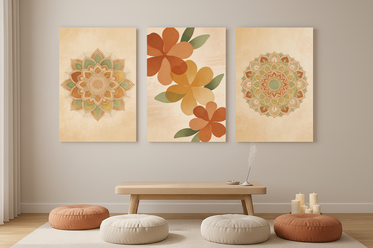 Boho mandala triptych canvas wall art set displayed on the wall of a serene meditation room with floor cushions candles and soft ambient lighting - Portugal Canvas Co