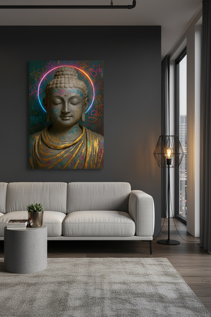 Graffiti Buddha canvas wall art with neon halo and colourful urban background displayed above a grey sofa in a modern urban living room with dark industrial decor - Portugal Canvas Co