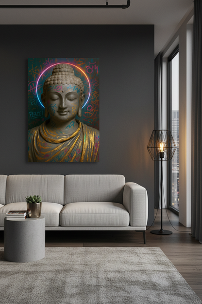 Graffiti Buddha canvas wall art with neon halo and colourful urban background displayed above a grey sofa in a modern urban living room with dark industrial decor - Portugal Canvas Co