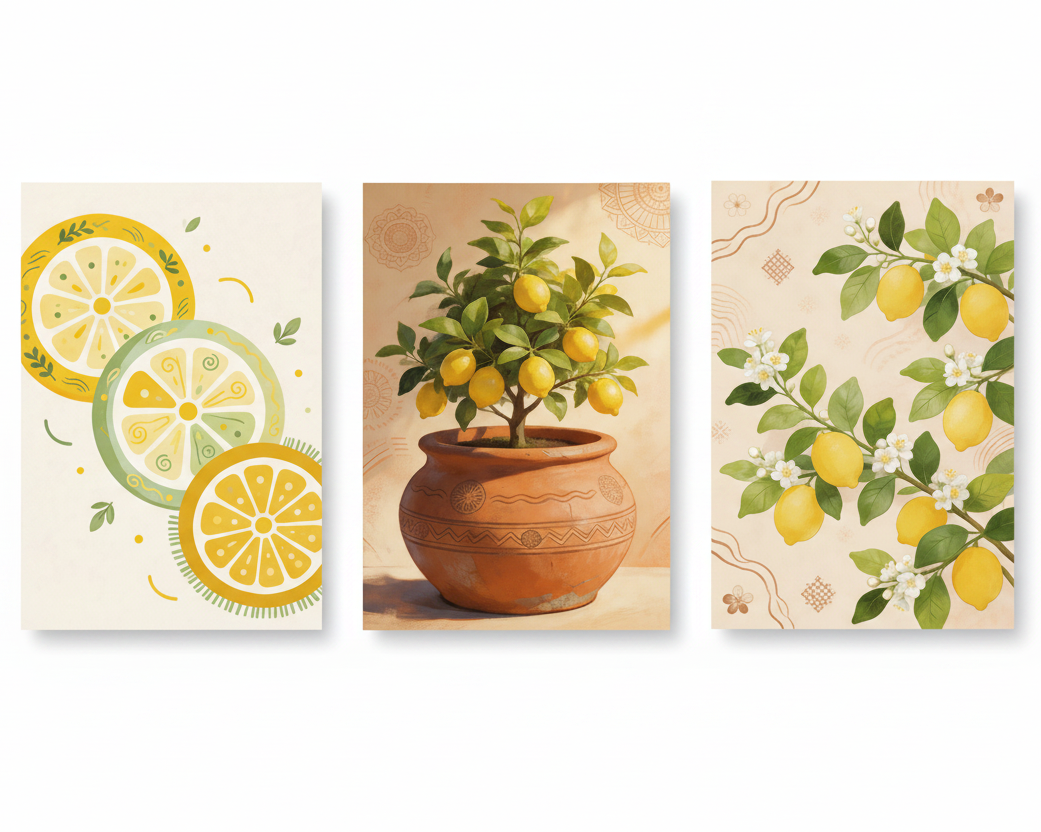 Mediterranean Lemon Wall Art Set three-panel triptych flat lay overhead view on white background - Portugal Canvas Co