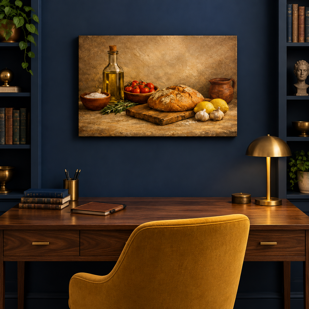 Mediterranean bread, olive oil and lemon still-life canvas in a navy blue study - Portugal Canvas Co