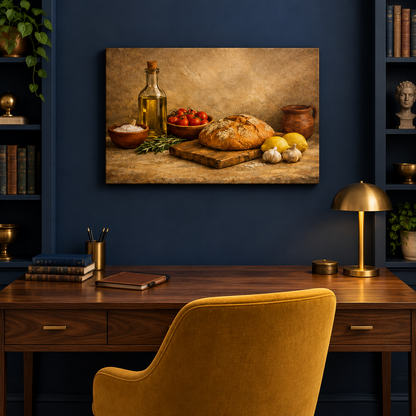 Mediterranean bread, olive oil and lemon still-life canvas in a navy blue study - Portugal Canvas Co