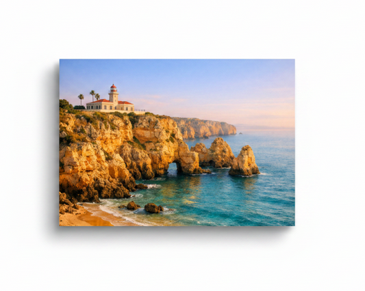 Ponta da Piedade Lagos lighthouse and golden Algarve sea cliffs canvas wall art on white background - Portugal Canvas Co
