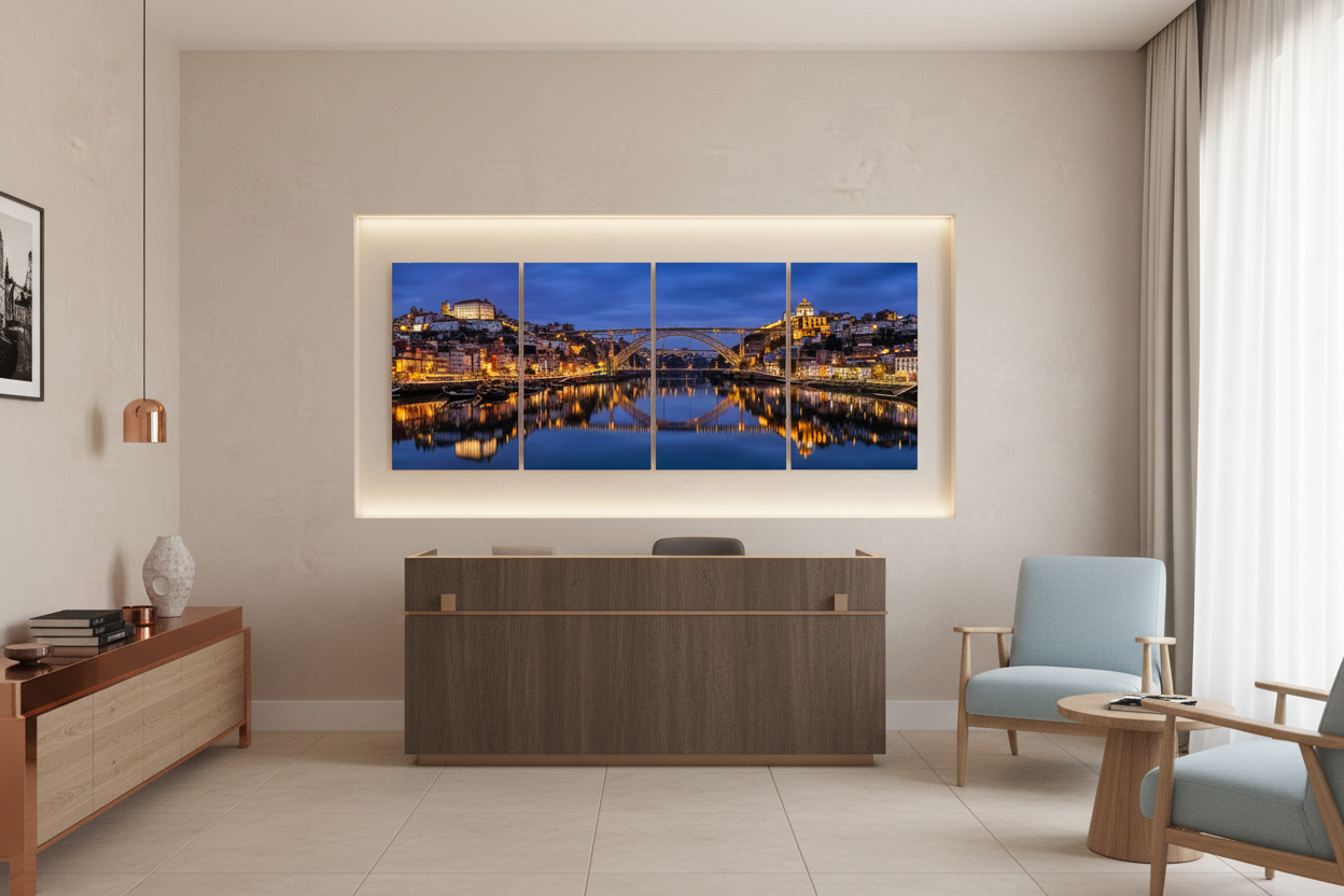 Porto Dom Luís I Bridge at night four-panel canvas wall art in a hotel reception lobby - Portugal Canvas Co