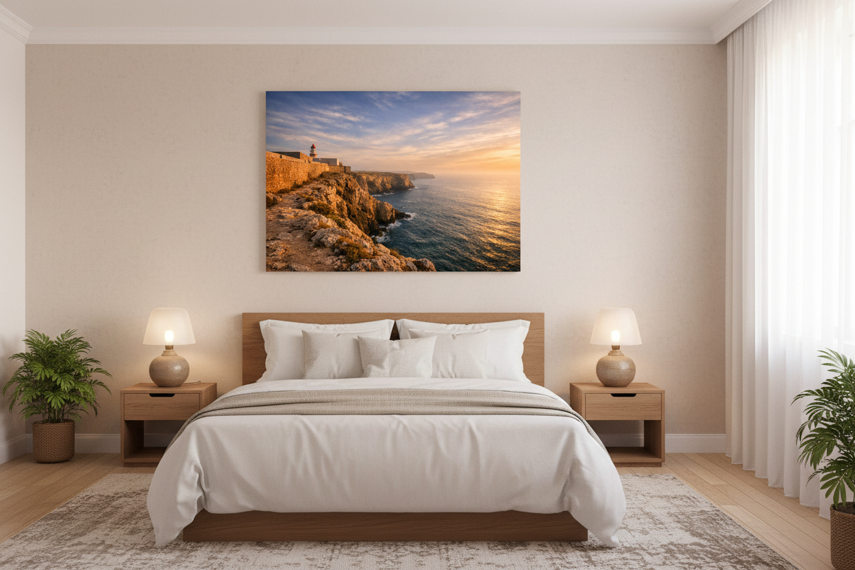 Sagres Fortress ancient stone walls and lighthouse on Atlantic cliffs at golden sunset canvas wall art displayed above a bed in a warm Mediterranean-style bedroom - Portugal Canvas Co