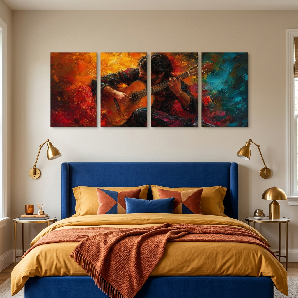 Four-panel guitarist canvas artwork in a cobalt and ochre bedroom - Portugal Canvas Co