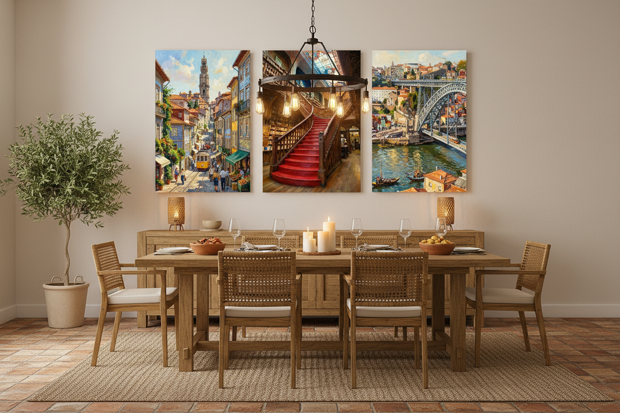 Porto Portugal triptych canvas wall art set displayed in a warm rustic dining room interior - Portugal Canvas Co
